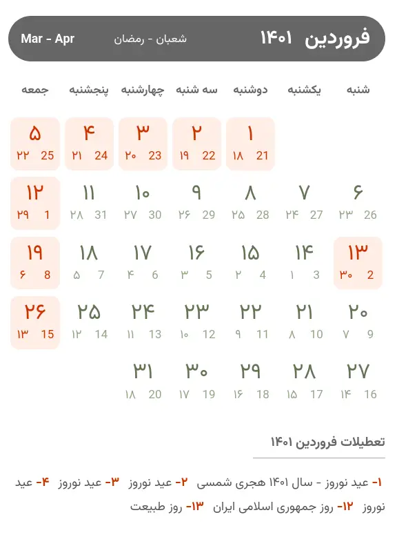 تقویم فروردین ۱۴۰۱