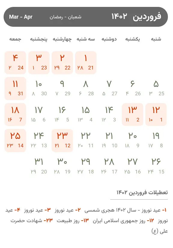 تقویم فروردین ۱۴۰۲
